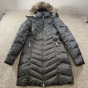 Eddie Bauer Jacket Womens Small Full Zip‎ Goose Down Hooded Puffer Trench Coat